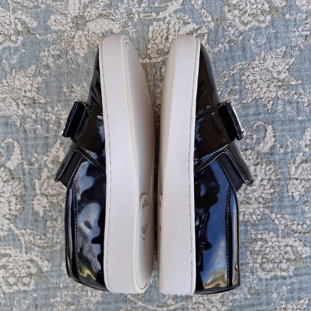 🏵 MICHAEL Michael Kors Black Patent Leather Slip On Sneakers with Crystals Sz.6 - Picture 11 of 14